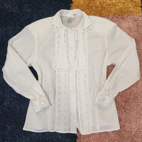 JG Hook Vintage 80s White Lace Trim Romantic Button Down Shirt - Picture 1 of 13